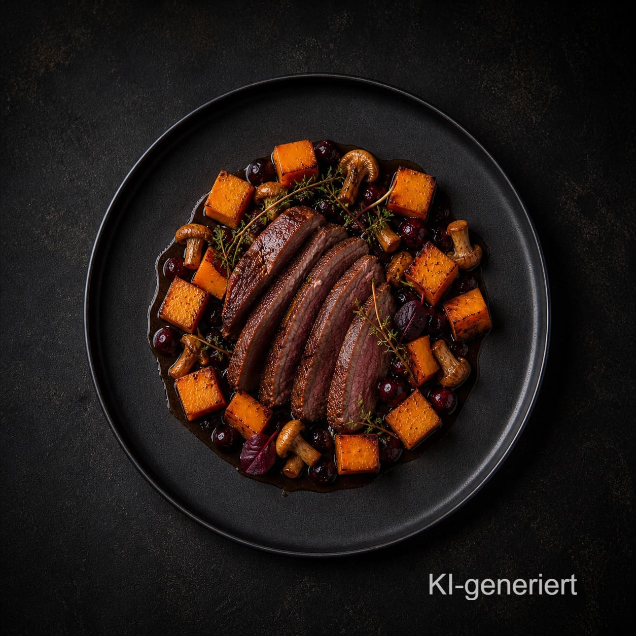 KI-generiertes Herbstgericht auf einem schwarzen Teller mit aufgeschnittenem, rosa gebratenem Fleisch, gerösteten Kürbiswürfeln, Pilzen, dunklen Beeren und Kräutern in kräftiger Sauce.